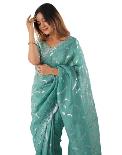 Image of SIRIL Women's Tissue Silk Sequence Embroidery Saree With Unstitched Blouse Piece