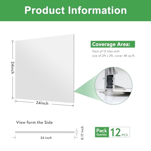 Image of STICKGOO Smooth Drop Ceiling Tiles 2ft x 2ft, PVC Ceiling Tile 24 x 24in - Waterproof, Fire-Rated to Prevent Breakage - Package of 12 Tiles Cover 48 Sq. Ft, White