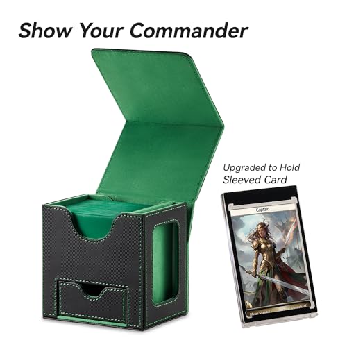 Mage Tech Card Deck Box for MTG Commander - Patented Design, Commander Display, Fits 100 Double-Sleeved Cards, 35pt Card Brick & Dice Tray - Black/Green