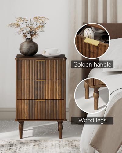 Image of Veegle 3 Drawer Large Nightstand Dark Brown Bedside Table