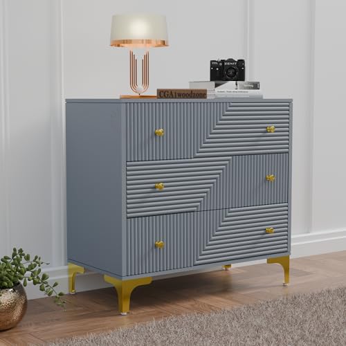 Image of Wooden Chest of Drawers | 3 Drawers Dresser Console Cabinet for Bedroom, Living Room, Drawing Room & Office | Multipurpose Storage Sideboard | HDMR Premium Wood & Iron, Light Grey