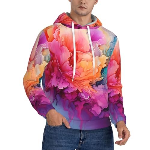 Men's Fleece Pullover Hoodie Long Sleeve Hooded Colorful Watercolor Painting Sweatshirt Casual Shirts With Pockets Small Black