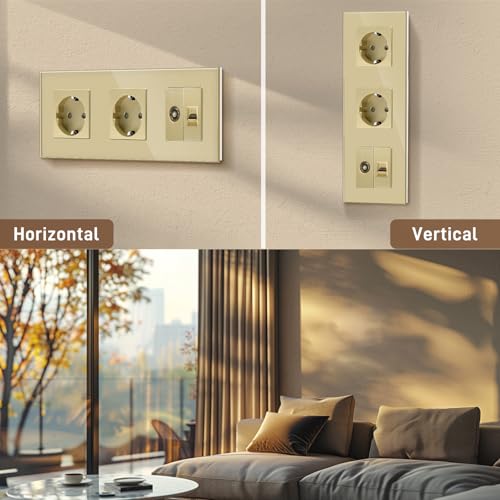 BSEED Schuko Steckdose Mit TV Gold Glas Panel - 1/2 PC Mit TV Antenna Coaxial Und RJ55 Cat5e Ethernet - 16 Amp 228mm Doppelt Wandsteckdose Verl&auml;ngerungssteckdosen