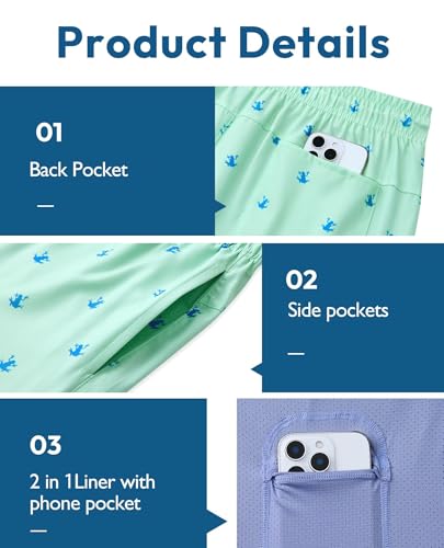 Image of Gleeease 7inch Mens Swim Trunks 2 in 1 with Compression Liner Pockets Drawstring Quick Dry Stretch Lined Funny Beach Pool