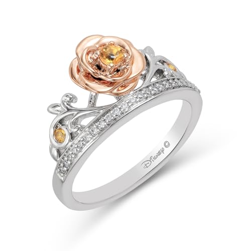 Jewelili Enchanted Disney Fine Jewelry Belle Rose Ring for Women | 14K Rose Gold over Sterling Silver | Yellow Citrine & 1/10 CTTW Natural White Round Diamonds | Ring Size 7 | Jewelry Gifts for Her