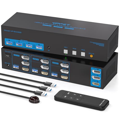 Commutateurs KVM Triple écran haute performance DisplayPort 8K et HDMI 4K 144Hz pour 3 PC