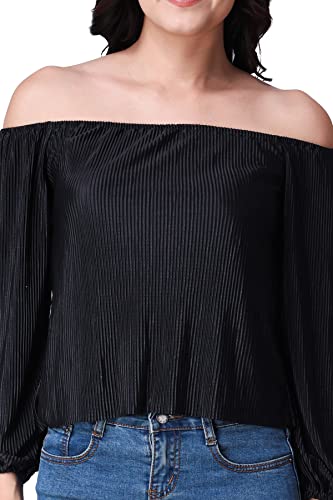 Image of POPWINGS Casual Wrinkle Off Shoulder Crop Top for Women - Designer Stylish Western Full Sleeves