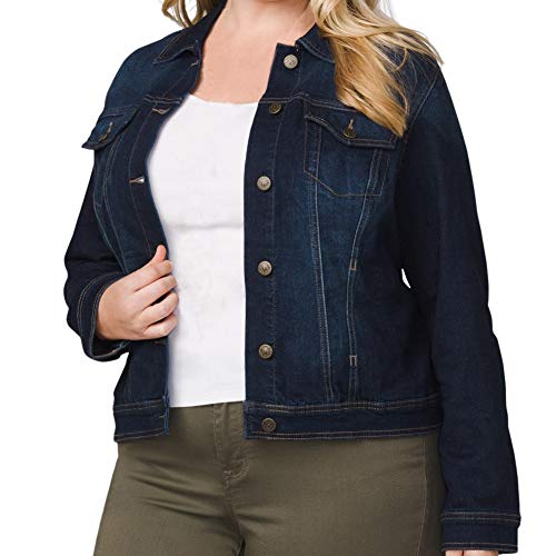 Symbidium Women's Plus Size Classic Button Down Stretch Denim Jacket Coats Indigo Wash 1X