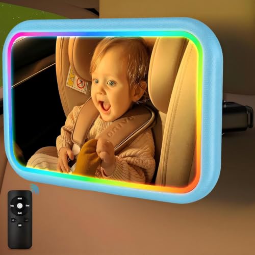 Image of Baby Car Mirror with Light, Blue | 7 RGB Light Rear Facing Car Seat Mirror for Baby with Remote Control Rechargeable 360 Rotation Hook Clip Design Wide View
