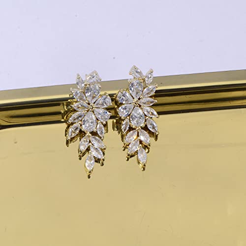 Women's Cubic Zirconia Wedding Earrings - 14k Plated Sterling Silver Bridal Crystal CZ Cluster Floral Flower Dangle Drop Earring for Bride Bridesmaids Party Prom Girls Costume Jewelry4