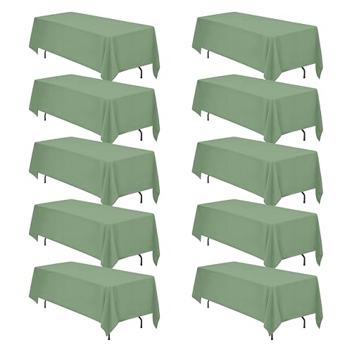 Image of BRILLMAX 10 Pack Sage Green Tablecloths 70x120 in for 6-8ft Rectangle Table | 150 GSM Polyester Fabric, Universal Fit, Water, Stain & Wrinkle Resistant Cloth Cover for Wedding Reception Banquet Party