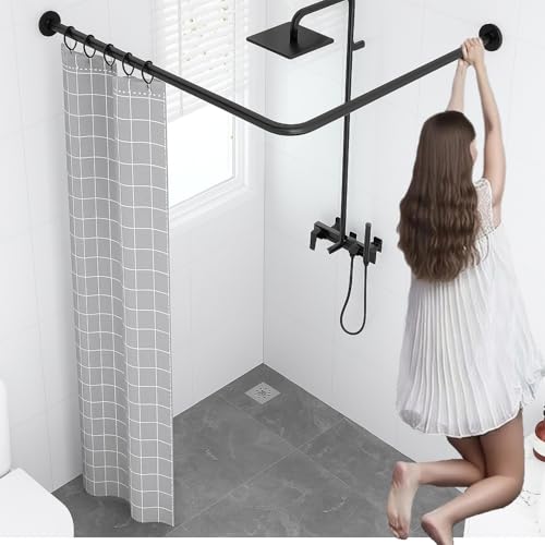 Image of Stretchable 304 Stainless L Shaped Bathroom Bathtub Corner Shower Curtain Rod Rack (Black 90-120x90-120cm)