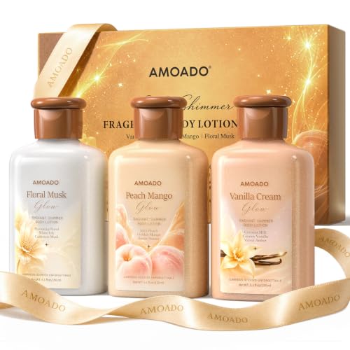 AMOADO Shimmer Body Lotion Set for Women, Scented Body Lotion Trio with Peach Mango, Floral Musk &amp; Vanilla Cream, Hydrating Glow Body Moisturizer with Pearl Glow, 5.1 fl oz x 3
