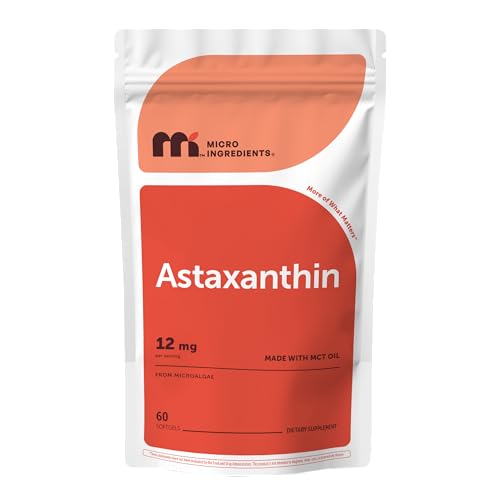 Image of Micro Ingredients Astaxanthin 12mg with MCT Oil, 60 Softgels | Fresh Microalgae Source | Triple Strength, Easy to Swallow, Non-GMO, Gluten Free, Soy Free