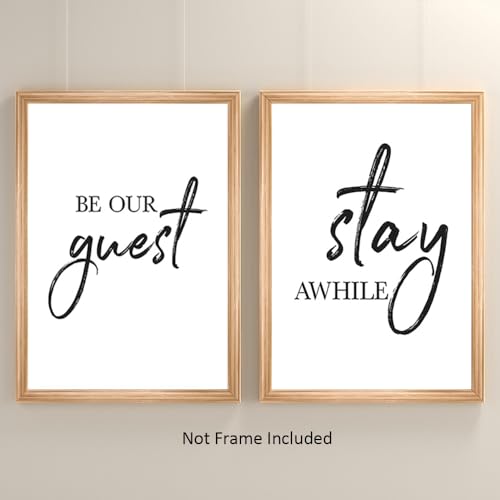 LUHDFYS Be Our Guest Sign Wall Decor Modern Canvas Prints Black and White Posters And Prints for Living Room Wall Decor Minimalist Wall Art Stay Awhile Signs for Home Decor Unframed