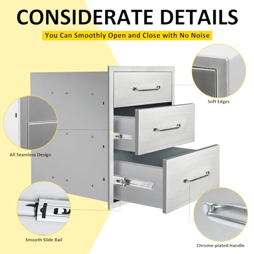 Image of Outdoor Kitchen Drawers 18 inch W x 23 inch H x 21 inch D Flush Mount Triple BBQ Drawers with Chrome Handle Stainless Steel Drawer for Outdoor Kitchen Island, Patio Grill Station