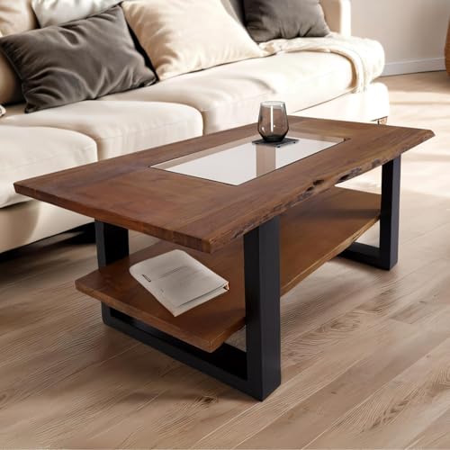 SAM Couchtisch 115x65 cm Patrick, Sofatisch mit Ablage und Glasplatte, Akazienholz massiv + nussbaumfarben, Beistelltisch mit schwarzem U-Metallgestell, echte Baumkante