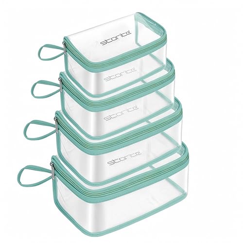 Image of Storite Set of 4 PVC Travel Pouch Set Multipurpose Waterproof Cosmetic & Toiletry Bags with Zipper for Makeup, Stationery & Accessories - Transparent (Green)