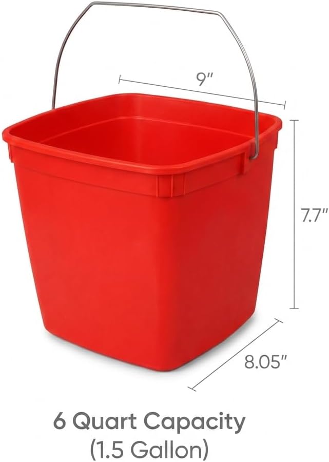 Sanitizer Pail Cleaning Bucket with Bail Handle, 6 Quart (1.5 Gallon) Red Sani Bucket, Made in USA, Commercial Plastic Sanitation Container for Restaurants & Janitorial Use, Heavy Duty, 12 Pack
