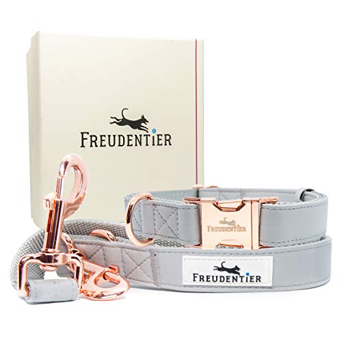 Freudentier® Hondenriem (2m) + hondenhalsband in set incl. geschenkdoos - stijlvolle lederlook met roségoud