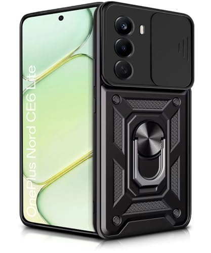 Image of WOW IMAGINE Tough Armor Bumper Mobile Back Case for 1+ OnePlus Nord CE 6 Lite 5G | Sliding Camera Cover | Shock Proof 360 Protection | Hybrid PC + TPU | Ring Holder with Kickstand - Black