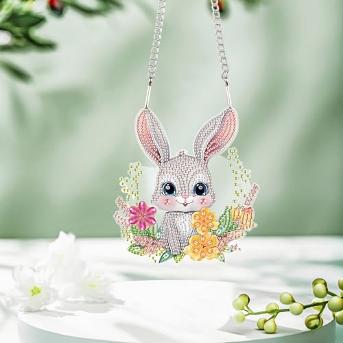 Image of AiYuanzsh Rabbit Diamond Painting Hanging Kit, 5D DIY Acrylic Special Shaped Diamond Art Pendant Ornament for Home, Wall, Door, or Garden Decor, Easter Diamond Art Kit for Adults