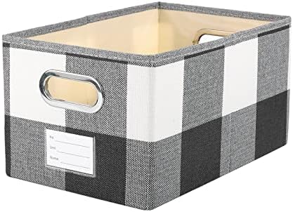 LaMorée Storage Bin Cotton Linen Fabric Basket Box Washable Foldable Decorative Rectangular Container with Handles Label Window Thick PP Plastic Board For Nursery Home Office - Black Plaid, Small Size