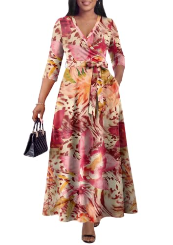 Image of FANDEE Plus Size Maxi Dress for Women Casual Summer Sundress V-Neck 3 /4 Sleeve
