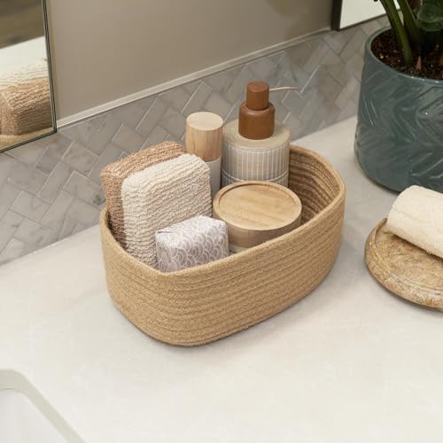 Image of 100% Natural Jute small box mini rope paper storage Round hamper baby nursery tray bucket for Living Kitchen, Drawing Room,fruits, kitchen, office, (3 set oval beige)