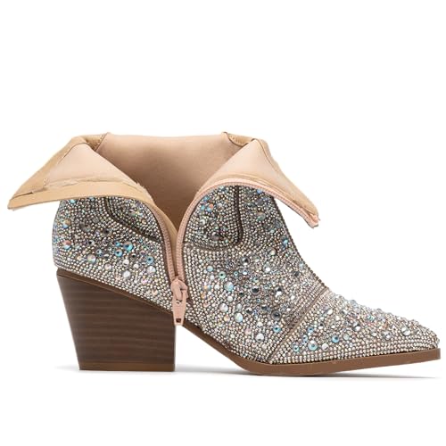 Image of YAYONE Rhinestone Zipper Sparkly Ankle Boots - Glitter Pointed Toe Fashion Comfortable Shoes, Pull on Chunky Heel Western Boots