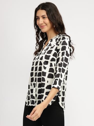 Image of FableStreet Women Shirt Work & Casual | Relaxed Fit Mandarin V-Neck Three-Quarter Sleeves Solid Pattern | Breathable Woven Fabric for Office & Everyday Wear