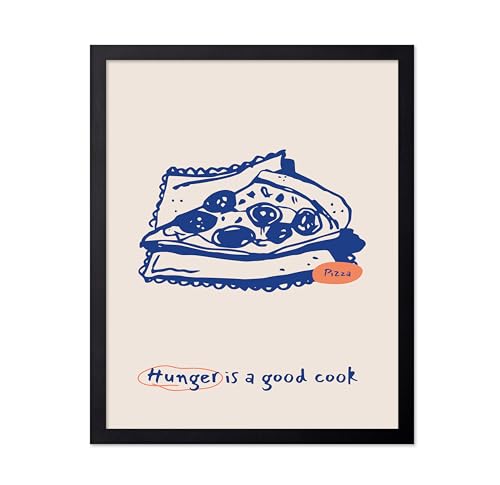 Poster Master Hunger Is A Good Cook Poster - Retro Pizza Print - Lemonade Art - Food & Drink Design - Sketch Drawing - Pastry Graphic - Aesthetic Decor - Kitchen or Restaurant Decor, 8x10 Black Frame