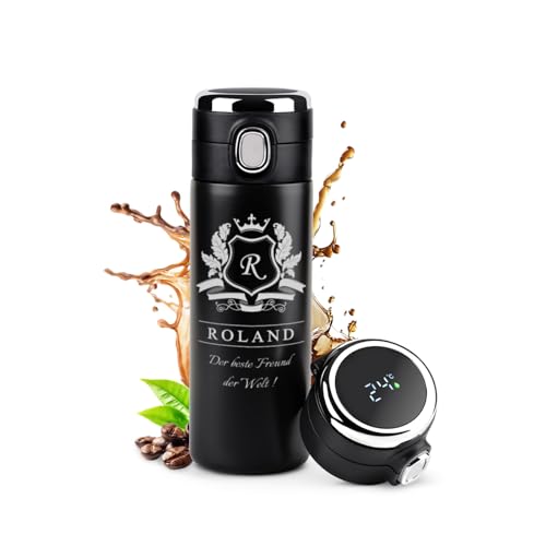 Maverton Trinkflasche mit Gravur 400 ml - Thermobecher auslaufsicher 100% dicht - LED-Touch-Anzeige - Thermoskanne aus Edelstahl - für Männer zum Geburtstag - Weihnachtsgeschenke - schwarz - Buchstabe