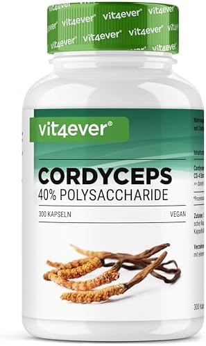 vit4ever Cordyceps Pilz - 300 Kapseln mit 650 mg echtem CS-4 Extrakt | 40% bioaktive Polysaccharide aus Raupenpilz - Hochdosiert - Laborgeprüft - Vegan