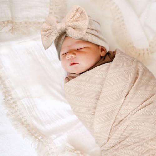 Image of AQOKKA Baby Swaddle Blankets with Bow Hat Headband Set Wheat-Pattern Infant Receiving Blankets Swaddles for Newborns Unisex Toddler Swaddle Wrap Sets for Baby Girls Boys Nursery Warm Shower Gift