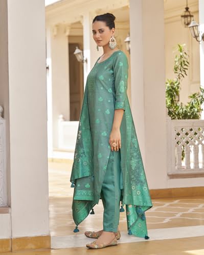 Image of Shaily Premium Silk Blend Woven Design Readymade Kurta with Pants and Dupatta Set | Ethnic Set | 3-Piece Suit Set | Haldi and Wedding Suit Set for Women