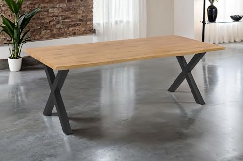 SAM Esstisch Josy | 220 x 100 cm | Holz Wildeiche-Optik | X-Gestell Metall schwarz | 40 mm Tischplatte mit Baumkante | Tisch für Esszimmer & Küche SAM Esstisch Josy | 220 x 100 cm | Holz Wildeiche-Optik | X-Gestell Metall schwarz | 40 mm Tischplatte mit Baumkante | Tisch für Esszimmer & Küche