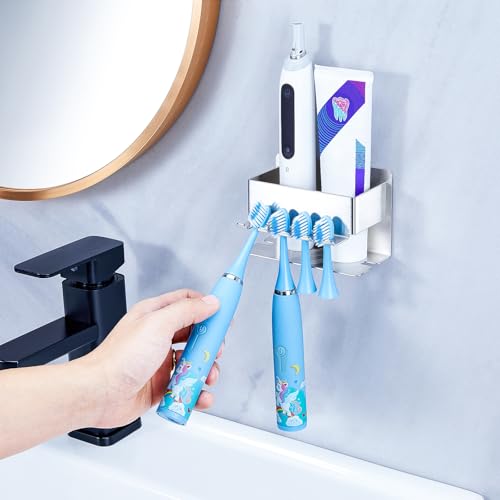 Image of Toothbrush Head Holders, Electric Tooth Brush Head Holder, Adhesive Toothpaste Holder for Shower Bathrooms, Wall Mounted Tooth Brushing Holder Organizer Storage (Silver, Small)