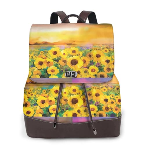Sac à dos en cuir pour femme tournesol et coucher de soleil imprimé chic