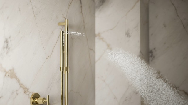 Regadera manual redonda Kohler Shift®+ de dos funciones, caudal 1.75 gpm, acabado dorado francés vibrante miniatura 7