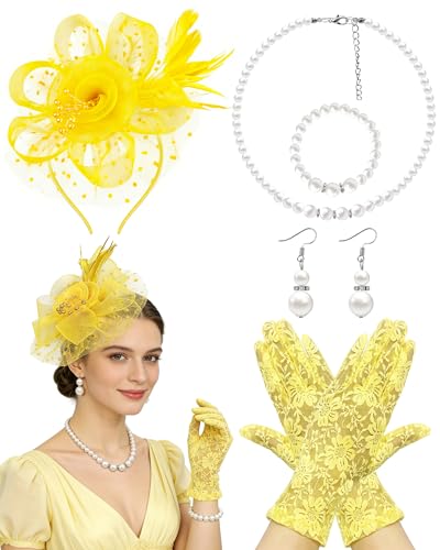 Bniksok Yellow Tea Party Hats Lace Gloves Set for Women Veil Mesh Fascinators Hat with Feather Headband 1920s