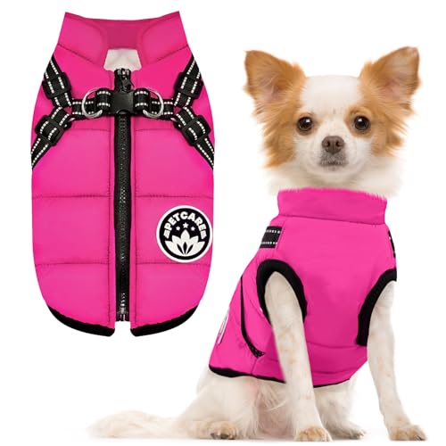 PETCARE Winter Dog Coat with Harness Built in Waterproof Dog Jackets Warm Pet Fleece Vest Windproof Snow Jacket Snowsuit Reflective Dogs Cold Weather Coats for Puppy Small Medium Large Dogs Cats