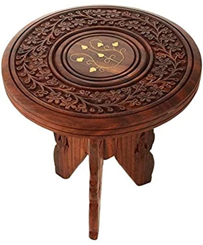 Image of Wood Well Polished And Furnished End Table /Stool With Antique Polish Multipurpose Coffee Stand Table (3 Legged Fold, 9 Inches)