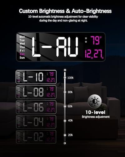Image of JoFomp Modern 16 inch Large Digital Wall Clock with Remote Control, LED Display, Auto-Dimming, Countdown, Temperature, Calendar - 12 /24Hr Format - Silent Wall Clock for Home, Office, or Gym Use (Pink)