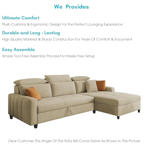 Image of Casaliving Gagnon RHS 4 Seater L Shape Corner Sofa Cum Bed for Living Room (Cream Fabric) Premium Fabric Sofa Cum Bed