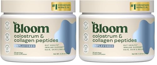 Image of Bloom Nutrition Bovine Colostrum Powder with Vitamin B-12 for Gut Health, Immune Support, Hair Growth & Beauty Supplement | Unflavored, 25 Servings (Pack of 2)