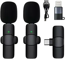 Microfone De Lapela Profissional Kit Com 2 Microfones Adaptador Para Iphone e Receptor Cancelamento De Ruídos Compatível Com Celular, Câmera E PC Conexão Via Bluetooth Para Gravações