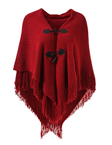 Ferand Damen Poncho Locker sitzender Cape Schal mit offener Vorderseite für Herbst und Winter - One Size - Rot
