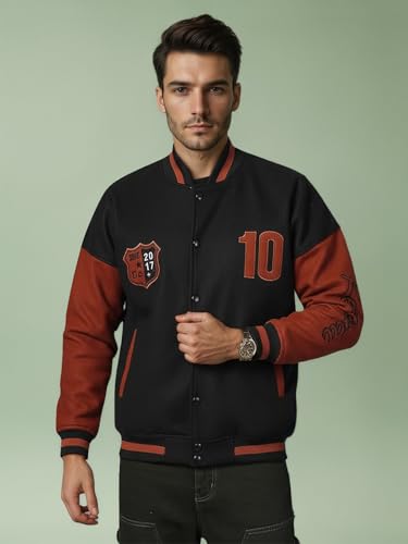 Image of CHKOKKO Men's Oversized Varsity Jacket with Snap Button Closure and Patch Design Trendy Comfortable Outerwear for College Travel and Casual Wear