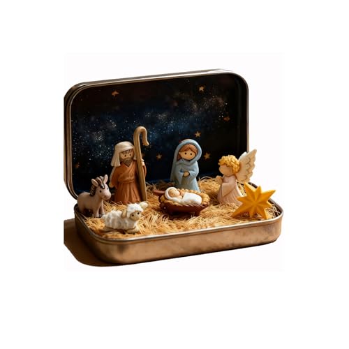 Mini Weihnachten Krippe Set In Einer Metalldose, Handcrafted Pocket...